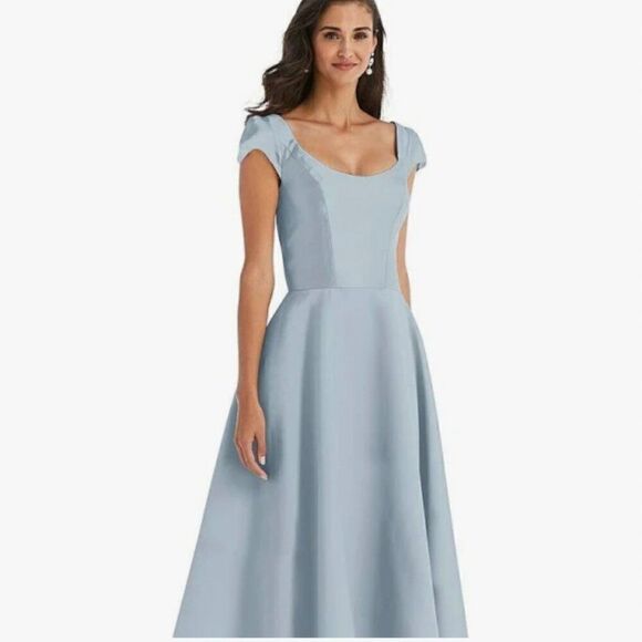 Alfred Sung Puff Cap Sleeve Full Skirt Satin Midi Dress - D798 14 NWOT Mist - Picture 8 of 10